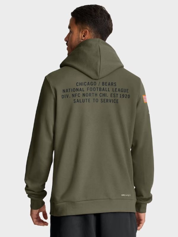 Chicago Bears 2025 Salute to Service Hoodie Men’s Chicago Bears Nike Olive 2025 Salute to Service Sideline Standard Issue Dri-FIT Hoodie
