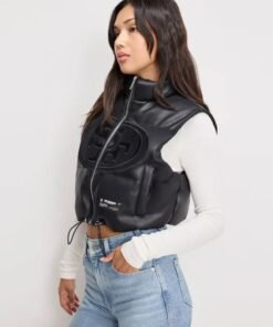 San Francisco 49ers Faux Leather Cropped Puffer Vest San Francisco 49ers Faux Leather Black Cropped Puffer Vest