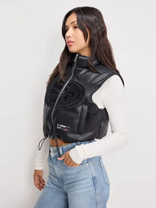 San Francisco 49ers Faux Leather Cropped Puffer Vest San Francisco 49ers Faux Leather Black Cropped Puffer Vest