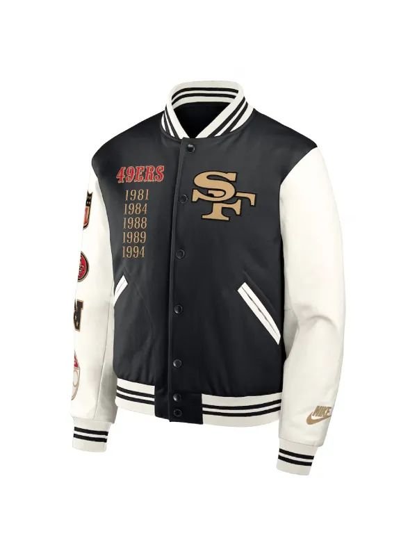San Francisco 49ers Nike Rivalries Varsity Jacket San Francisco 49ers Nike Black 2025 Rivalries Collection Full Snap Varsity Jacket