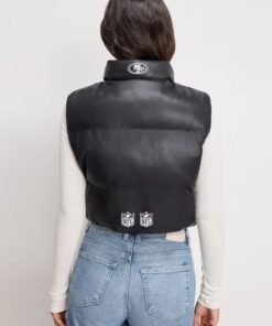 San Francisco 49ers Faux Leather Cropped Puffer Vest San Francisco 49ers Off Season Faux Leather Black Cropped Puffer Vest