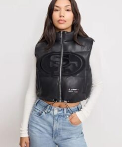 San Francisco 49ers Faux Leather Cropped Puffer Vest Womens Black San Francisco 49ers Faux Leather Cropped Puffer Vest