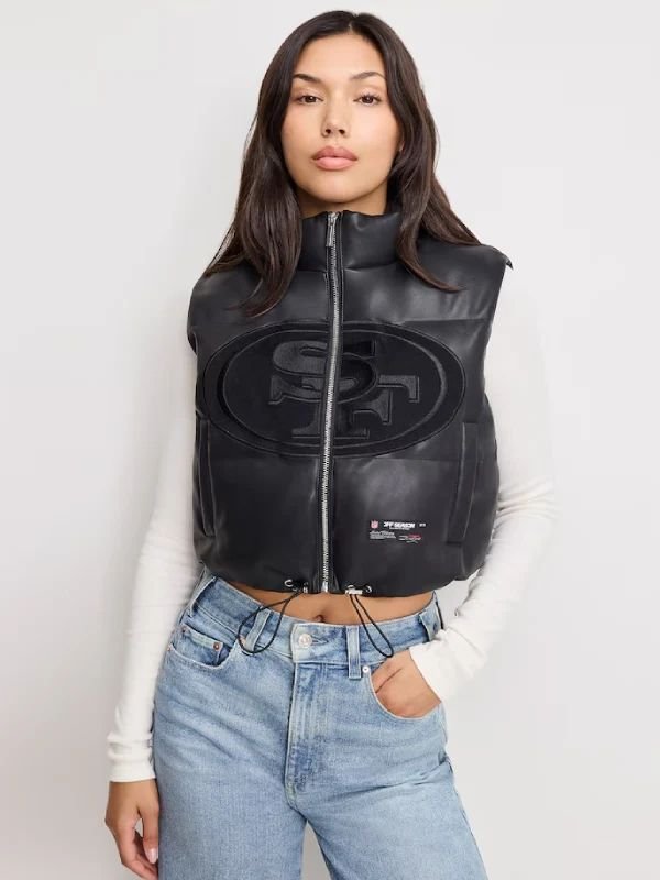 San Francisco 49ers Faux Leather Cropped Puffer Vest Womens Black San Francisco 49ers Faux Leather Cropped Puffer Vest