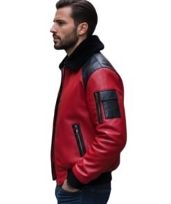 Men's Aviator Fur Collar Red and Black Bomber Jacket
