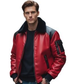 Men's Aviator Red and Black Leather Bomber Jacket
