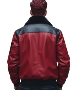 Men's Fur Collar Red and Black Leather Bomber Jacket