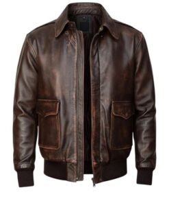 Mens Aethelgard Distressed Brown Leather Bomber Jacket