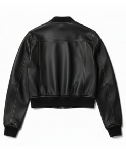Womens Premium Black Textured Leather Bomber Jacket
