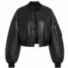 Womens Aura Luxe Black Leather Cropped Bomber Jacket