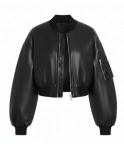 Womens Aura Luxe Black Leather Cropped Bomber Jacket