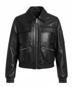 Womens Aviator Style Black Leather Bomber Jacket