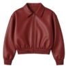 Womens Classic Maroon Leather Cropped Bomber Jacket