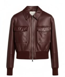 Womens Deep Burgundy Cropped Leather Bomber Jacket