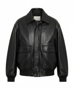 Womens Midnight Onyx Oversized Black Leather Bomber Jacket