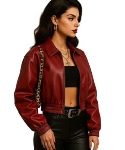 Womens Classic Maroon Leather Cropped Bomber Jacket