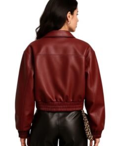 Womens Classic Maroon Leather Cropped Bomber Jacket
