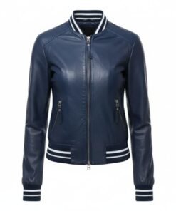 Womens Vintage Elite Navy Blue Leather Bomber Jacket