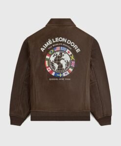 Aime Leon Dore Worlds Borough 2026 Brown Flight Leather Jacket – Unisex
