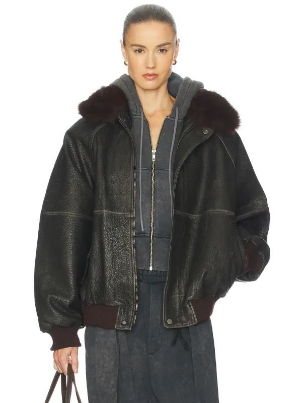 Faux Fur Collar Oversized Leather Jacket Faux Fur Collar Oversized Leather Jacket