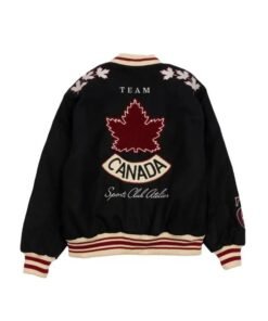 Womens SPORTS CLUB ATELIER Black Hockey Canada Leaf Legacy Full Snap Varsity Bomber Jacket