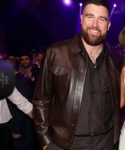 Travis Kelce dark brown leather jacket