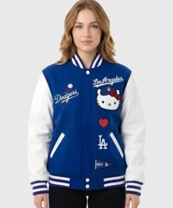 Hello Kitty Dodgers Varsity Jacket Hello Kitty X MLB Los Angeles Dodgers Blue White Varsity Jacket