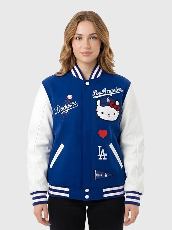 Hello Kitty Dodgers Varsity Jacket Hello Kitty X MLB Los Angeles Dodgers Blue White Varsity Jacket