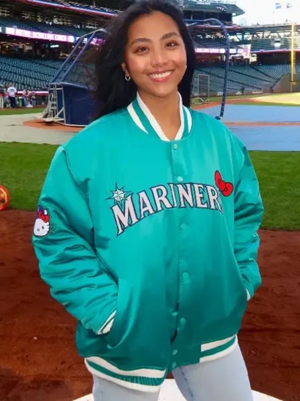 Mariners Hello Kitty Jacket Seattle Mariners Michelle Villafuerte Hello Kitty Green Bomber Jacket