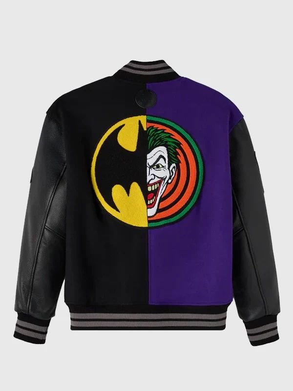 OVO Batman x The Joker Split Varsity Jacket Unisex 2026 OVO The Batman x Joker Black Purple Jacket
