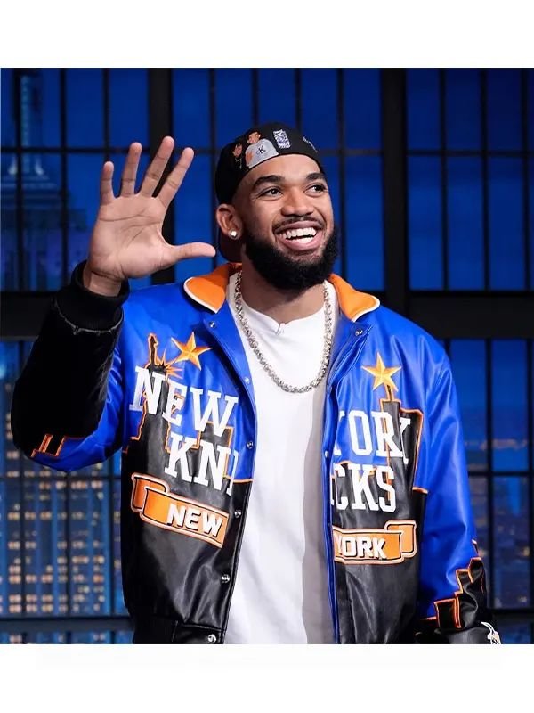 Karl-Anthony Towns NY Knicks Leather Bomber Jacket Karl-Anthony Towns NY Knicks Leather Bomber Jacket