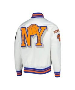New York Knicks 2X Champions Mash-Up Satin Varsity Jacket New York Knicks 2X Champions Mash-Up Satin White Jacket