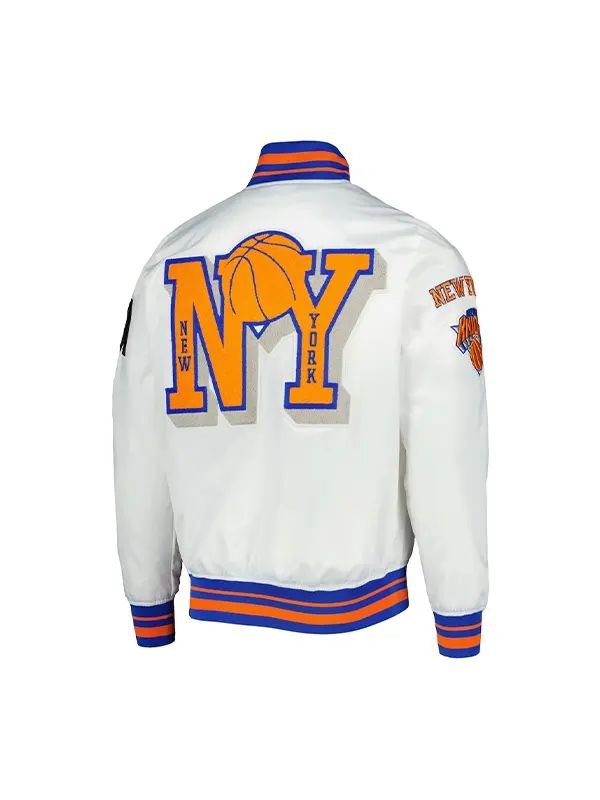 New York Knicks 2X Champions Mash-Up Satin Varsity Jacket New York Knicks 2X Champions Mash-Up Satin White Jacket