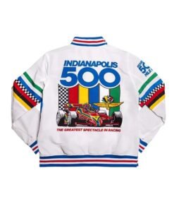 Indianapolis 500 Greatest Spectacle White Satin Racing Bomber Jacket