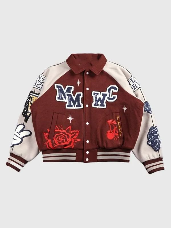 Mickey Mouse Wolves Club Rudy Maroon Letterman Jacket Mickey Mouse Roxy Box Cut Rudy Letterman Varsity Jacket in Maroon