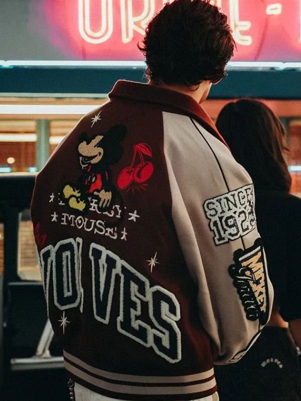 Mickey Mouse Wolves Club Rudy Maroon Letterman Jacket Mickey Mouse Wolves Club Rudy Maroon Varsity Jacket