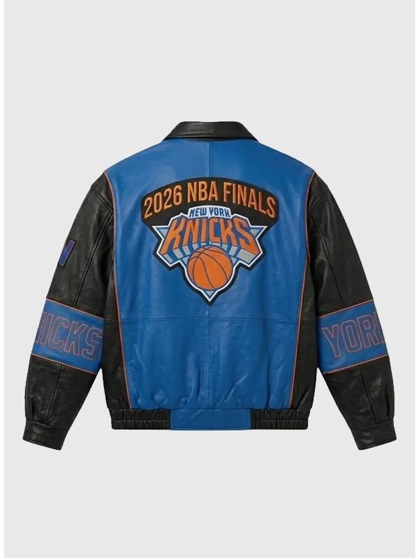 Sydney Sweeney 2026 Knicks Finals Jacket Sydney Sweeney New York Knicks Black and Blue Leather Jacket