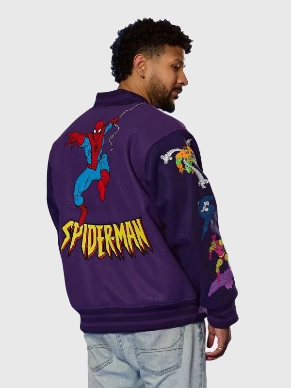 Cakeworthy Spider Man 90's Varsity Jacket Cakeworthy Spider Man 90’s Purple Jacket