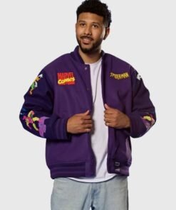Cakeworthy Spider Man 90's Varsity Jacket Cakeworthy Spider Man 90’s Purple Varsity Jacket