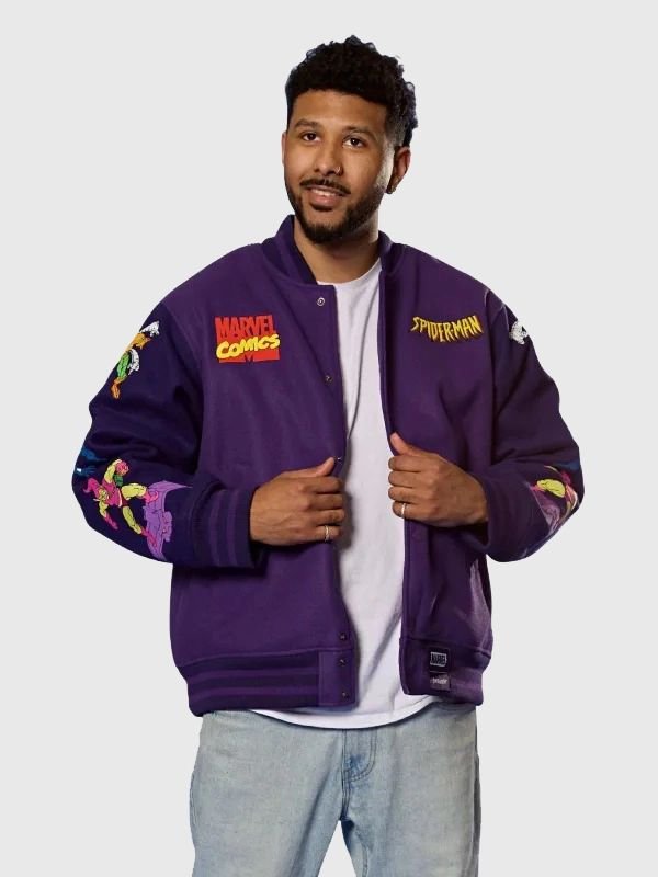 Cakeworthy Spider Man 90's Varsity Jacket Cakeworthy Spider Man 90’s Purple Varsity Jacket
