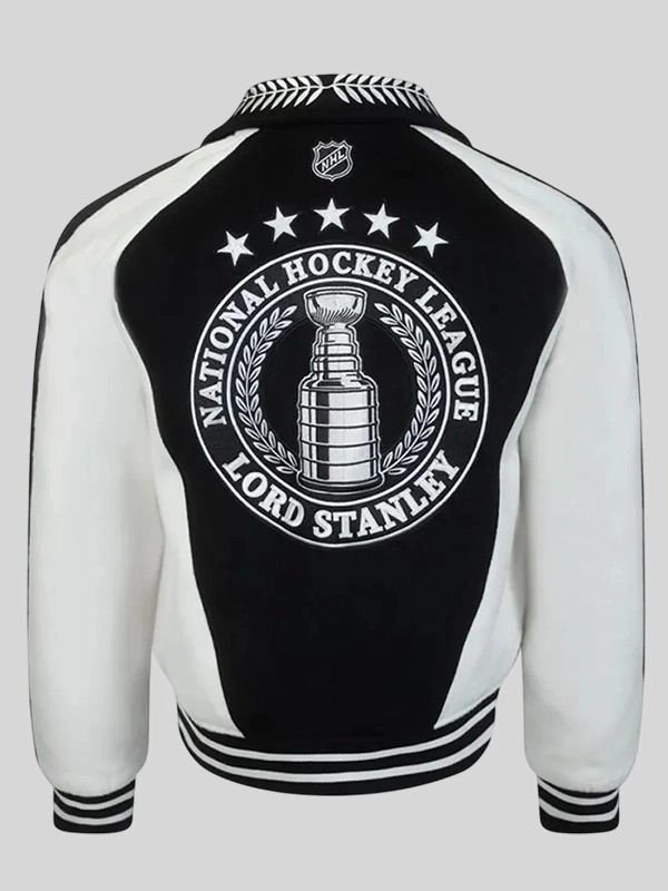 Sebastian Aho NHL Lord Stanley Varsity Jacket Sebastian Aho NHL Lord Stanley Black and White Jacket