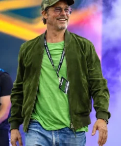 Brad Pitt NASCAR Cup Series 2026 Green Bomber Jacket Brad Pitt NASCAR Cup Series 2026 Green Suede Jacket