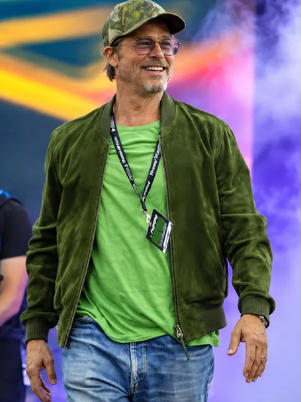 Brad Pitt NASCAR Cup Series 2026 Green Bomber Jacket Brad Pitt NASCAR Cup Series 2026 Green Suede Jacket