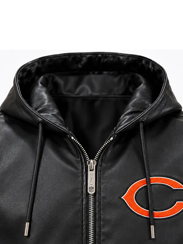 Chicago Bears Vegan Zip Up Jacket Chicago Bears Vegan Black Leather Hooded Jacket