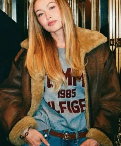 Gigi Hadid Tommy Hilfiger Aviator Jacket Brown