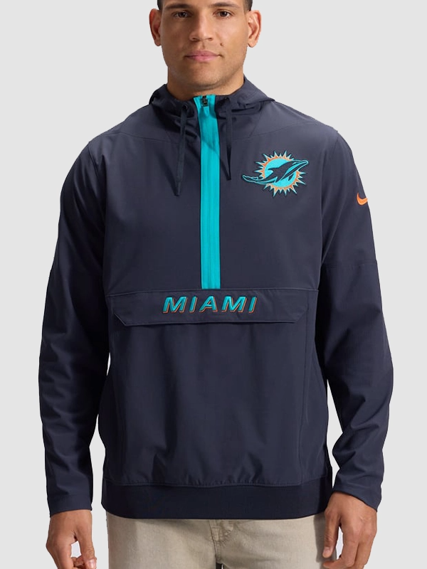 Dolphins Nike Rivalries 2026 Sideline Anorak Half-Zip Jacket Miami Dolphins 2026 Nike Rivalries Sideline Navy Hooded Jacket