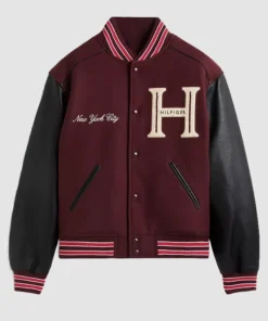 Travis Kelce Tommy Hilfiger Mixed-Media Varsity Jacket Tommy Hilfiger Mixed-Media Travis Kelce Maroon and Black Jacket