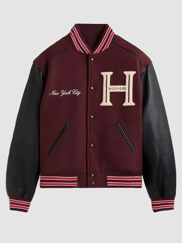 Travis Kelce Tommy Hilfiger Mixed-Media Varsity Jacket Tommy Hilfiger Mixed-Media Travis Kelce Maroon and Black Jacket