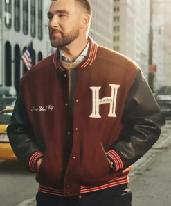 Travis Kelce Tommy Hilfiger Mixed-Media Varsity Jacket Travis Kelce Tommy Hilfiger Mixed-Media Varsity Jacket Maroon
