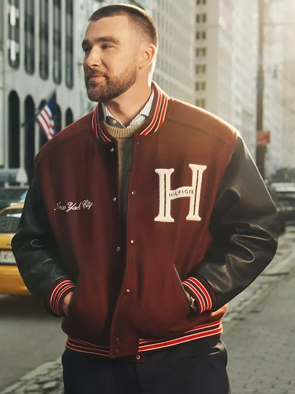 Travis Kelce Tommy Hilfiger Mixed-Media Varsity Jacket Travis Kelce Tommy Hilfiger Mixed-Media Varsity Jacket Maroon
