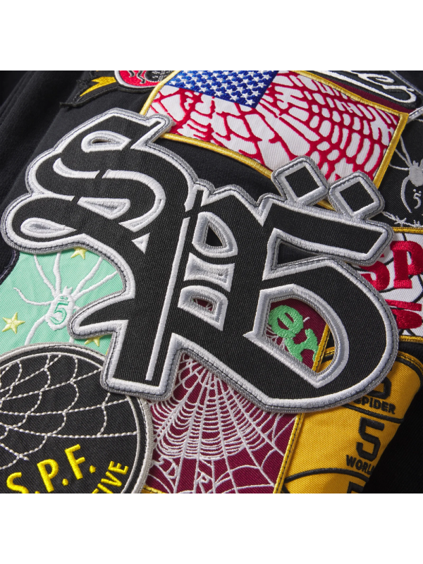 Sp5der Patchwork Hoodie king spider embroidered badge black hoodie